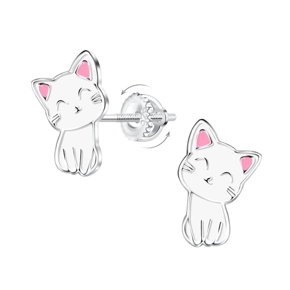 Silver Cat Screw Back Earrings